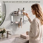 Plantex Bathroom Organiser Without Drill/Stainless Steel Bathroom Accessories Set with Soap Dish and Brush Slots/Hooks/Tumbler Holder/Steel Soap Holder for Bathroom-(2-Tier, Chrome)