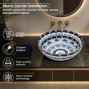 Plantex Designer Ceramic Basin/Table Top Wash Basin for Bathroom/Round Countertop Vessel Sink Basin for Home/Restaurant (White  Art, 16 x 16 x 6 Inch )