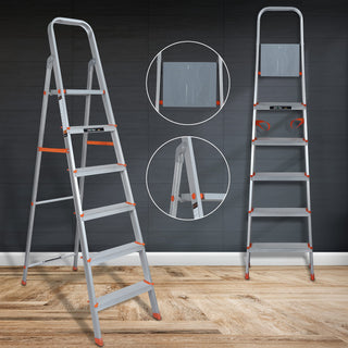 Plantex Restructured Legend Folding 6 Step Ladder for Home - 6 Wide Anti-Skid Step Ladder (Orange-Silver, Aluminium)