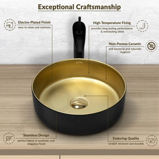 Plantex Table Top Wash Basin for Bathroom/Designer Ceramic Basin/Round Countertop Vessel Sink Basin for Home/Office/Hotel (Black & Gold - 14 x 14 x 5 Inch)