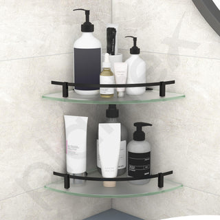 Plantex Premium Frosted Glass Corner/Shelf for Bathroom/Wall Shelf/Storage Shelf - (12x12 in,Black-Pack of 2)