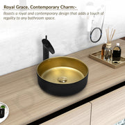 Plantex Table Top Wash Basin for Bathroom/Designer Ceramic Basin/Round Countertop Vessel Sink Basin for Home/Office/Hotel (Black & Gold - 14 x 14 x 5 Inch)