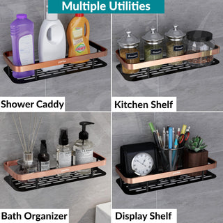 Plantex Self Adhesive Bathroom Shelf for Wall/Stainless Steel Rack with Aluminium Railing & Magic Stickers/Bathroom Organiser - Pack of 4 (12x5 inches, Copper & Black)