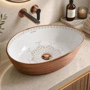 Plantex Designer Ceramic Basin/Table Top Wash Basin for Bathroom/Countertop Vessel Sink Basin for Home/Office/Restaurant (White & Rose Gold, 22 x 14 x 7 Inch )