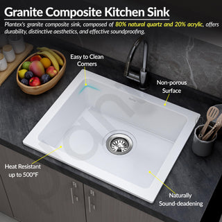 Plantex Quartz Acrylic Kitchen Sink/Undermount Sink for Kitchen with 10 Years Warranty by Plantex/Granite Single Bowl Kitchen Sinks with Coupling (Whiti-24x18 Inches)