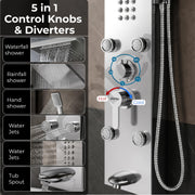 Plantex Shower Panel/6 in 1 Shower System/304 Grade Stainless Steel Handshower with Waterfall Outlet/Tub Spout/Body Massage Spray With Hot &cold Mixer- (1015, Chrome)