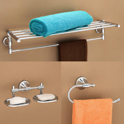 Plantex 304 Grade Stainless Steel Bathroom Accessories Set of 3 - Towel Stand/Napking Hanger/Dual Soap Holder for Bathroom - Niko (Chrome)