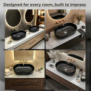 Plantex Ceramic Black Washbasin/Oval Tabletop Hand Wash Basin for Bathroom/Designer Washbasin Sink for Home/Office (22x13.5x6 Inch - Marble Finish)