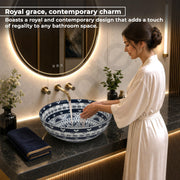 Plantex Designer Ceramic Basin/Table Top Wash Basin for Bathroom/Round Countertop Vessel Sink Basin for Home/Restaurant (White  Art, 16 x 16 x 6 Inch )