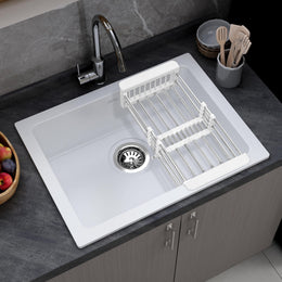 Plantex Quartz Acrylic Kitchen Sink/Undermount Sink for Kitchen with 10 Years Warranty by Plantex/Small Single Bowl Kitchen Sink with Coupling & Drying Rack (Whiti - 21x18 Inches)