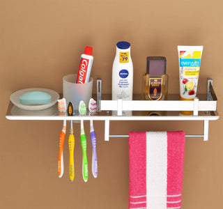 Plantex Stainless Steel 4in1 Multipurpose Bathroom Shelf/Bathroom Steel Rack with Soap Dish, Towel Rod and Tumbler Holder-Chrome (18x5 inches)