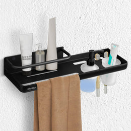 Plantex 4 in 1Shelf for Bathroom/Aluminium Bathroom Shelf Rack/Self Adhesive Bathroom Shelf/Liquid Soap Dispenser/Tooth Brush Holder/Towel Hanger Space/Bathroom Accessories Set-(Pack-1, Black)