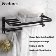 Plantex Stainless Steel Folding Towel Rack/Aluminium Bathroom Shelf/24 Inch Towel Hanger/12 x 5 Inch Multipurpose Shelf - Combo (Black)