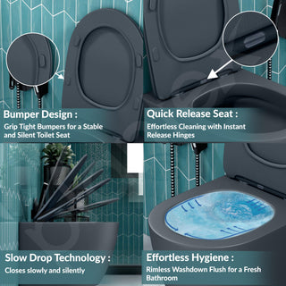 Plantex Imported Ceramic Wall Hung Commode/Rimless Washdown Flush Western Toilet/Commode with Soft Closing Toilet Seat - P Trap (Round - Matt Grey)