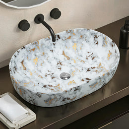 Plantex Tabletop Wash Basin for Bathroom/Designer Ceramic Basin/Oval Countertop Wash Basin/Home/Office (21x14x6 inch-Marble Finish)