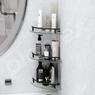 Plantex Premium Frosted Glass Corner Shelves for Bathroom/Living Room Wall Mounted Shelf with Black Railings and Brackets/Bathroom Accessories (9x9 Inches, Pack of 3)