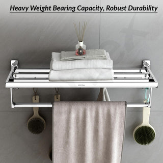 Plantex Folding Towel Rack with Hooks for Bathroom/24 Inch Stainless Steel Towel Hanger/Towel Stand/Towel Rod/Bathroom Accessories - Pack of 1 (Chrome)
