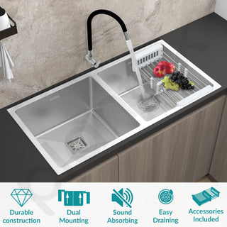 Plantex Heavy Duty Stainless Steel Double Bowl Sink For Kitchen/Handmade Kitchen Sink with 25 Years Warranty by Plantex/Sink with Coupling, Hose Pipe and Drying Rack (Silver Matt - 37x18x9 Inches)