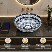 Plantex Designer Ceramic Basin/Table Top Wash Basin for Bathroom/Round Countertop Vessel Sink Basin for Home/Restaurant (White  Art, 16 x 16 x 6 Inch )