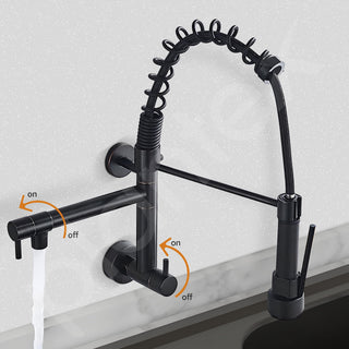 Plantex Designer Sink Faucet Brass Wall Mount Sink Tap With 2 Spout/ Double Handle High Arc (360 degree) Spring Pull Out Tap For Kitchen Sink