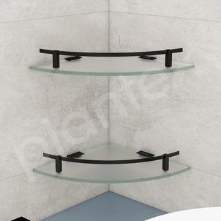 Plantex Premium Frosted Glass Corner Shelf for Bathroom/Kitchen Glass Shelf with Brass Railings and Brackets/Bathroom Corner Shelf/Storage Rack (Black-9x9 Inches- Pack of 2)