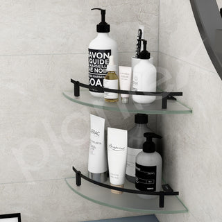 Plantex Premium Frosted Glass Corner Shelf for Bathroom/Kitchen Glass Shelf with Brass Railings and Brackets/Bathroom Corner Shelf/Storage Rack (Black-9x9 Inches- Pack of 2)