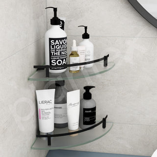 Plantex Premium Frosted Glass Corner Shelf for Bathroom/Kitchen Glass Shelf with Brass Railings and Brackets/Bathroom Corner Shelf/Storage Rack (Black-9x9 Inches- Pack of 2)