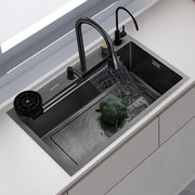 Plantex Kitchen Sink/ 304 Grade Stainless Steel Sink/Integrated Waterfall and Pull-Down Faucets/Fully Equipped Sink for Kichen- Nano Black (30x18x9 inch)