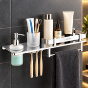Plantex Stainless Steel 4in1 Multipurpose Bathroom Shelf/Bathroom Steel Rack with Tumbler Holder, Towel Rod and Liquid Soap Dispenser Chrome (18x5 inches)