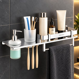 Plantex Stainless Steel 4in1 Multipurpose Bathroom Shelf/Bathroom Steel Rack with Tumbler Holder, Towel Rod and Liquid Soap Dispenser Chrome (18x5 inches)