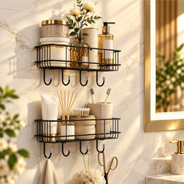 Plantex Multipurpose Bathroom Organiser Without Drill/GI Steel Self-Adhesive Shelf/Wall Mounted Shelf for Bathroom with Hooks- Pack of 2 (Black,Powder Coated)