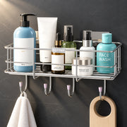 Plantex Stainless Steel Self Adhesive Bathroom Shelf/No Drill Bathroom Organizer with Hooks/Washroom Shelf- Pack of 1(Chrome)