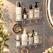 Plantex Stainless Steel Bathroom Organiser Without Drill/Multipurpose Shelf with Hooks/Drill Free Shampoo Holder for Bathroom - Wall Mount - Pack of 2 (Chrome)