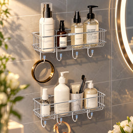 Plantex Stainless Steel Bathroom Organiser Without Drill/Multipurpose Shelf with Hooks/Drill Free Shampoo Holder for Bathroom - Wall Mount - Pack of 2 (Chrome)