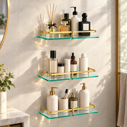 Plantex Heavy Duty Glass Shelf for Bathroom/Kitchen Storage Shelf Wall Mounted/Living Room Frosted Glass Shelf, (Brass Antique Finish - 12x6 Inches - Pack of 3)