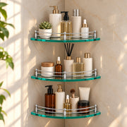 Plantex Transparent Glass Shelf for Living Room/Glass Corner Shelf for Bathroom with Stainless Steel Railings and Brackets/Bathroom Organizer/Kitchen Racks-(12 x12 Inch-Pack of 3)