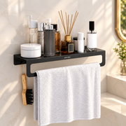 Plantex Alloy Steel No Drill Bathroom Organiser/Self Adhesive Wall Mount Multipurpose Shelf/Rack/Towel Rod/Hooks for Bathroom - Pack of 1 (15 x 5 Inch, Black)