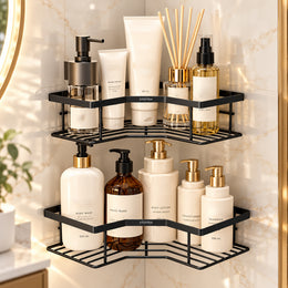 Plantex Alloy Steel Self Adhesive Bathroom Shelf Rack/Bathroom Organizer Without Drill/Corner Shelf for Bathroom Wall/Kitchen Corner Shelves Self Adhesive/Shelves for Kitchen-Pack of 2(Black)