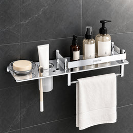 Plantex Stainless Steel 4in1 Multipurpose Bathroom Shelf/Bathroom Steel Rack with Soap Dish, Towel Rod and Tumbler Holder-Chrome (18x5 inches)