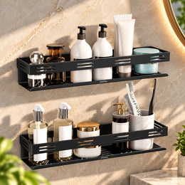 Plantex No Drill Bathroom Shelves/Stainless Steel Self Adhesive Shelf for Bathroom/Wall Shelf for Kitchen/Bathroom Shelf- Pack of 2 (16 x 4 Inch - Black)