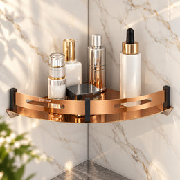 Plantex Bathroom Corner Rack for Wall/Stainless Steel Shelf for Bathroom Corner with Railings/Bathroom Accessories Holder (9x9 inches, PVD Rose Gold & Black)