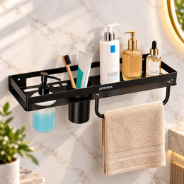 Plantex 4in1 Bathroom Shelf for Wall/Stainless Steel Multifunctional Rack for Bathroom with Tumbler Holder/Liquid Soap Dispenser/Napkin Holder/Bathroom Accessories Set (Matt Black)