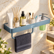 Plantex 4in1 Shelf for Bathroom/Aluminium and Acrylic Shelf with Tumbler Holder, Liquid Soap Dispenser and Napkin Space/Bathroom Organizer with Drill-Pack of 1(Grey and Milky White)
