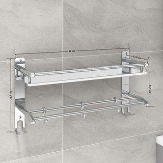 Plantex Stainless Steel Bathroom Shelf/Bathroom Stand for Wall/Bathroom Racks and Shelves with Hooks & Towel Holder/Bathroom Organiser with Drill (2-Tier, Chrome, Polished)