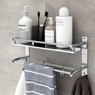 Plantex Stainless Steel Bathroom Shelf/Bathroom Stand for Wall/Bathroom Racks and Shelves with Hooks & Towel Holder/Bathroom Organiser with Drill (2-Tier, Chrome, Polished)