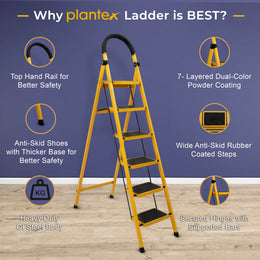 Plantex Premium GI 6-Step Ladder for Home/Foldable Steel Ladder - Wide Anti Skid Step Ladder -All Weather Resistant(Yellow)-refurbished