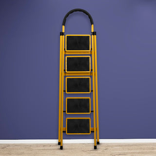 Plantex Premium GI Steel Foldable 5-Step Ladder for Home - Wide Anti Slip 5 Step Ladder (Yellow & Black)-refurbished