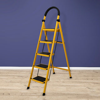Plantex Premium GI Steel Foldable 5-Step Ladder for Home - Wide Anti Slip 5 Step Ladder (Yellow & Black)-refurbished