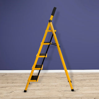 Plantex Premium GI Steel Foldable 5-Step Ladder for Home - Wide Anti Slip 5 Step Ladder (Yellow & Black)-refurbished