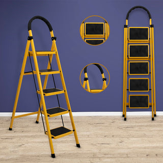Plantex Premium GI Steel Foldable 5-Step Ladder for Home - Wide Anti Slip 5 Step Ladder (Yellow & Black)-refurbished